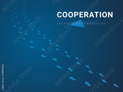 Abstract modern business background vector depicting cooperation in shape of double footsteps going together the same way on blue background.