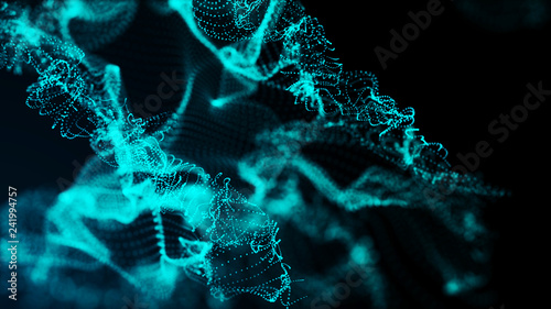 Futuristic dots pattern. Explosion of twisted waves on a dark background. Global network connection. Wave of particles. Big data. 3d rendering.