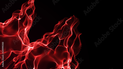 Futuristic dots pattern. Explosion of twisted waves on a dark background. Dynamic particles sound wave flowing over dark. Big data. 3d rendering.