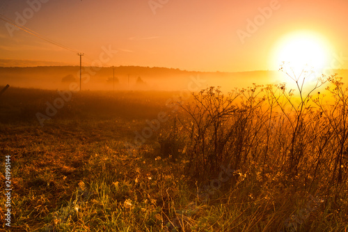 Dawn, the hot sun rises over the field, power line