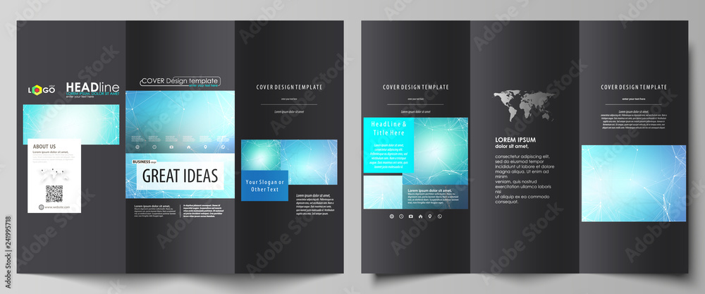 Tri-fold brochure business templates on both sides. Abstract vector layout in flat design. Chemistry pattern, connecting lines and dots, molecule structure, medical DNA research. Medicine concept.