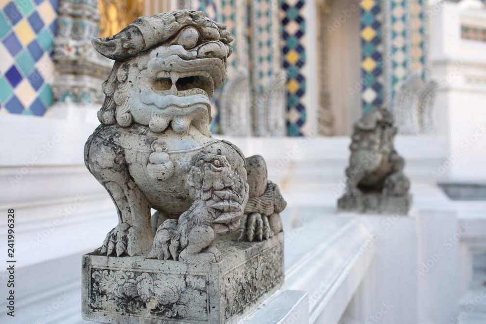 Carving stone lion in Chinese style is popular used to show around Buddhism temple in Thailand and Southeast Asia countries. Carving stone lion in Chinese style is popular used to show around Buddhism temple in Thailand and Southeast Asia countries.