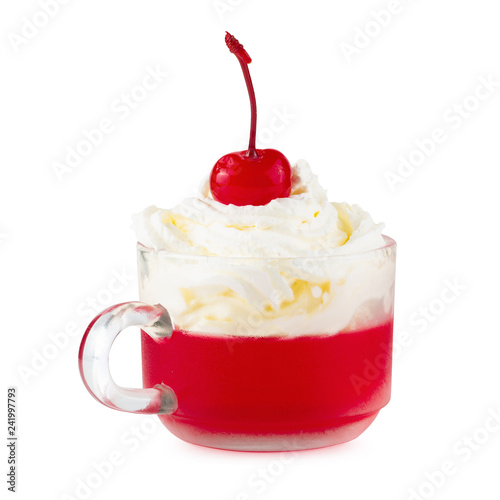 Strawberry jelly in a glass with cherries and whipped cream isolated on white background