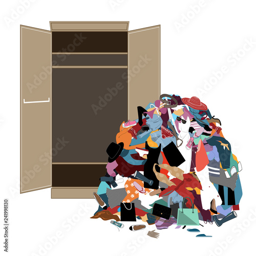 Pile of messy girl or lady clothes gotten out of closet. Untidy cluttered woman wardrobe.
