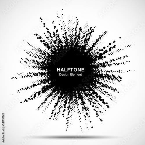Halftone star frame. Grunge spot border using halftone circle dots raster texture. Sale design element. Boom shape.  Explosion template. Vector illustration.