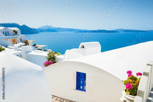 White architecture on Santorini island  Greece. Beautiful summer landscape  sea view.