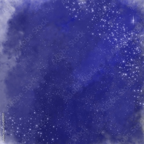 2d illustration with deep space effect. Night sky with clouds, stars. Bright starry background design for fabric, wrapping paper, manufacturing, textile, decor, furnishing © Irina Korsakova