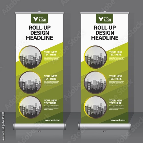 Roll up banner design template, vertical, abstract background, pull up design, modern x-banner, rectangle size. 
