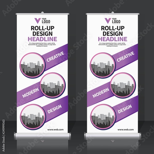 Roll up banner design template, vertical, abstract background, pull up design, modern x-banner, rectangle size. 