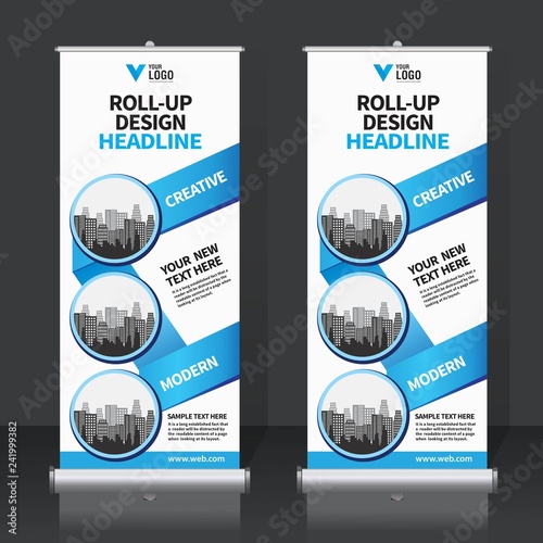 Roll up banner design template, vertical, abstract background, pull up design, modern x-banner, rectangle size. 