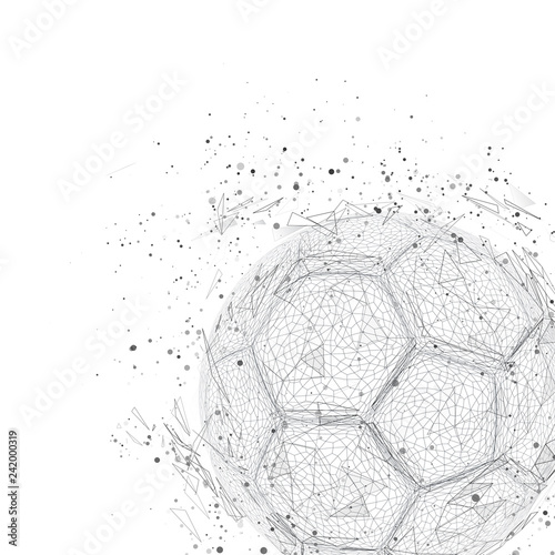 soccer ball in a modern abstract style. breaks up and flies crashing the background.