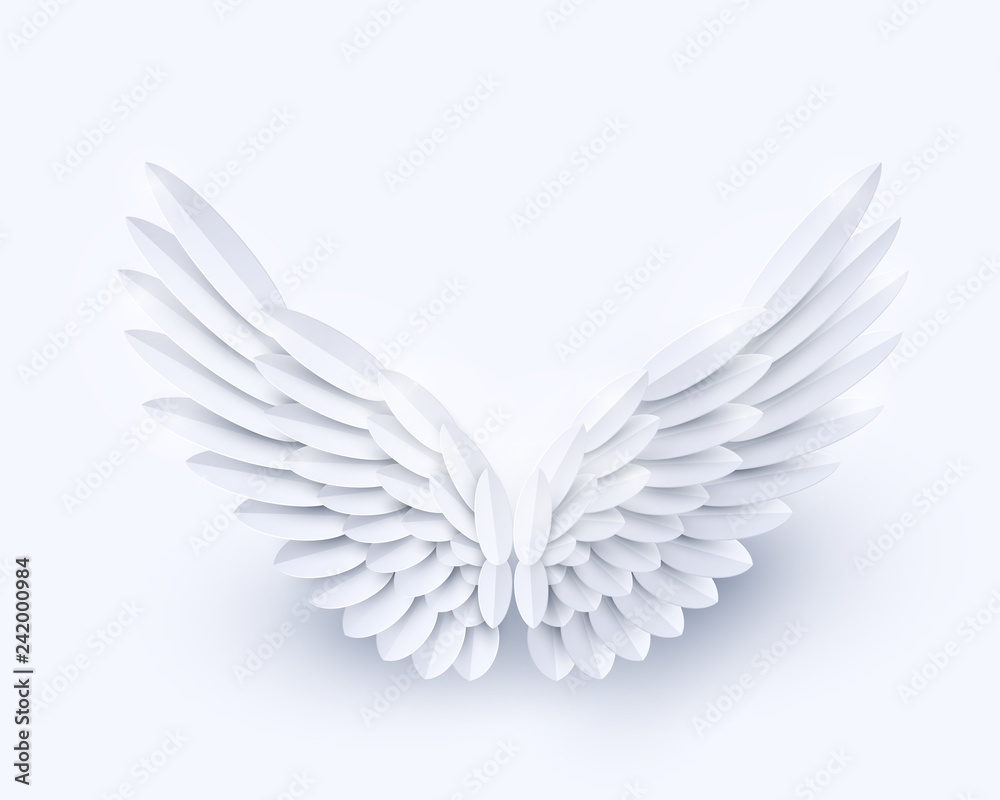 Vector 3d white realistic layered paper cut angel wings isolated on white background Vector 3d white realistic layered paper cut angel wings isolated on white background