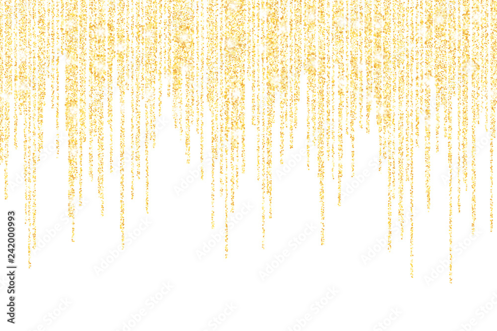 Vector falling in lines gold glitter confetti dots rain. Golden garland  lights isolated on white background. Sparkling glitter border, party  tinsels shimmer, holiday background design, festive frame Stock Vector