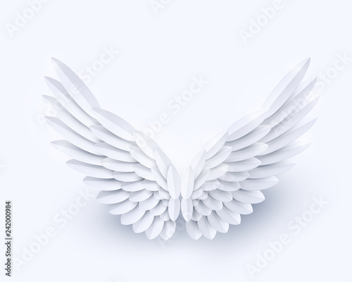 Vector 3d white realistic layered paper cut angel wings isolated on white background