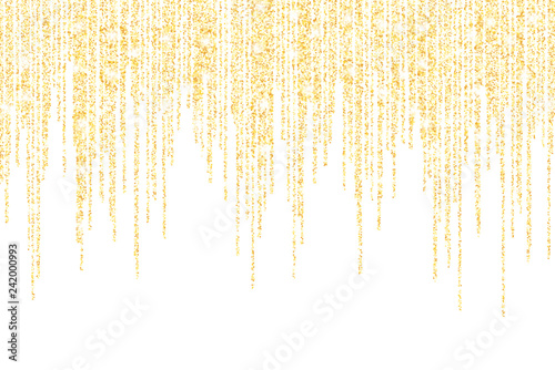 Vector falling in lines gold glitter confetti dots rain. Golden garland lights isolated on white background. Sparkling glitter border, party tinsels shimmer, holiday background design, festive frame