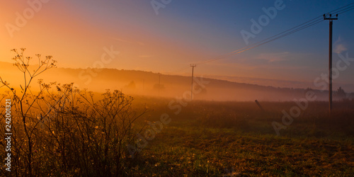 Fog on the countryside  next to the poles with wires  orange glowing fog  bright colors 