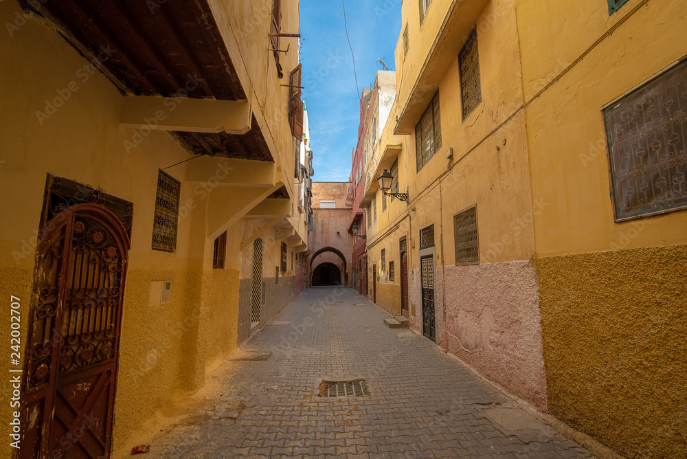 View of Meknes medina , Morocco. Meknes is a city listed as a UNESCO world heritage site. a city which was founded in the 11th century by the Almoravids. no people street 