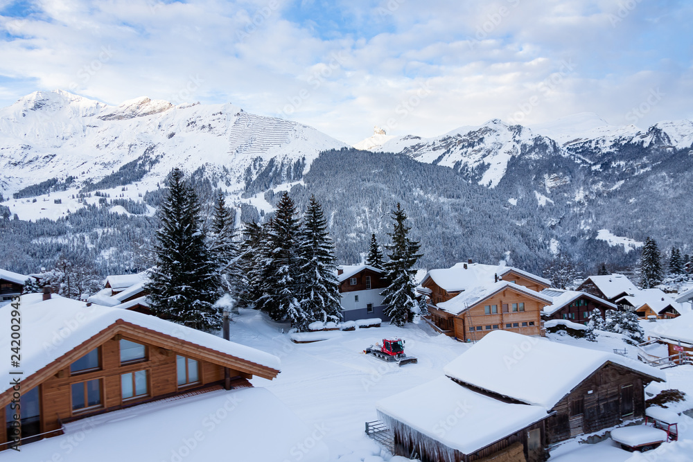 a cold, snowy village in Switzerland
