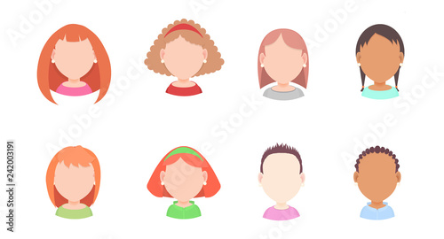 Set of vector portraits of women with different hairstyles in a flat style, for avatar in social networks