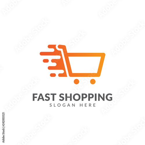 Fast shopping logo vector design template with shopping cart and speed symbol