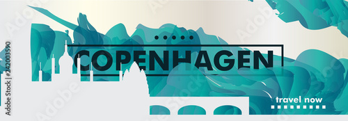 Denmark Copenhagen city horizontal banner with abstract skyline, cityscape, landmarks and attractions. Travel vector concept for website, footer, header