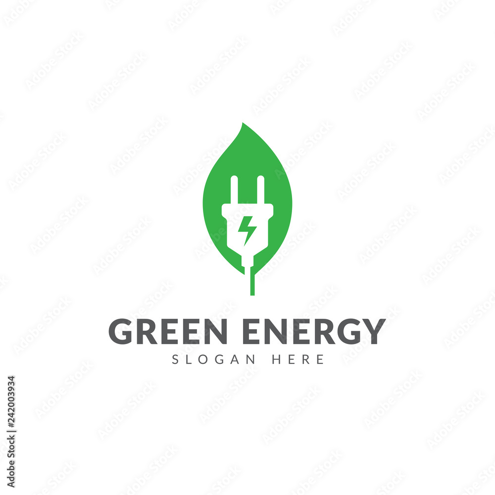 Green energy logo or icon vector design template with electric plugs and leaves Green energy logo or icon vector design template with electric plugs and leaves