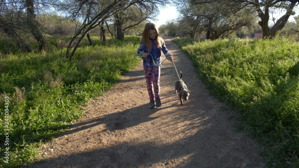 A cute young girl walking her dog in the park A cute young girl walking her dog in the park