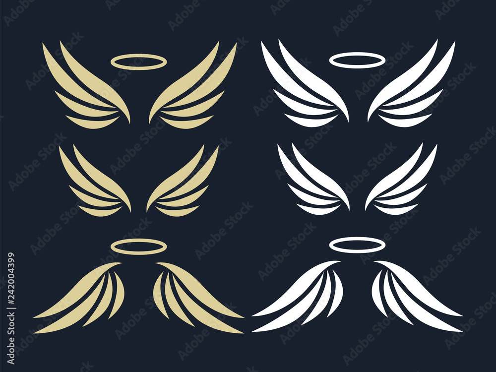 Elegant angel golden flying wings on black background. Flying angel with wing feather, golden linear winged