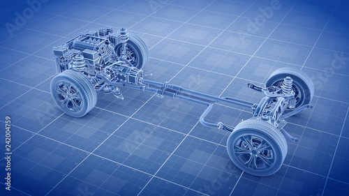 Working Car Internal Combustion Engine Scheme with chassis and wheels 3d render