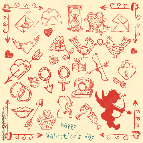 large set of contour elements illustrations in the style of childrens Doodle on Valentines day, love, weddings, for the design and decoration of postcards banners, print and web, backgrounds and packa