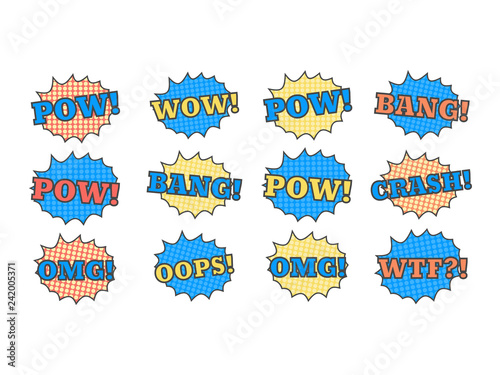 Ttext patches. Comic book speech bubble. Sticker bam badge