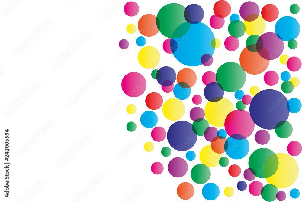 background of rainbow colored circles in yellow, orange, red, pink, green, blue and purple with copy space