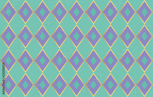 seamless background of purple diamonds with golden frame on mint color