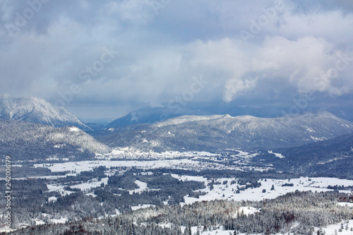 Panoramic View of the snowbound Valley in Mittenwald towards Krün, Bavaria