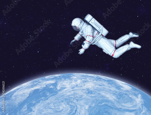 Fototapeta Naklejka Na Ścianę i Meble -  Astronaut in space, Planet Earth in background. Elements of this image furnished by NASA. 3D rendering.
