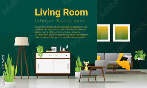 Interior background of modern living room in natural concept with wooden furniture , plants and green wall , vector , illustration