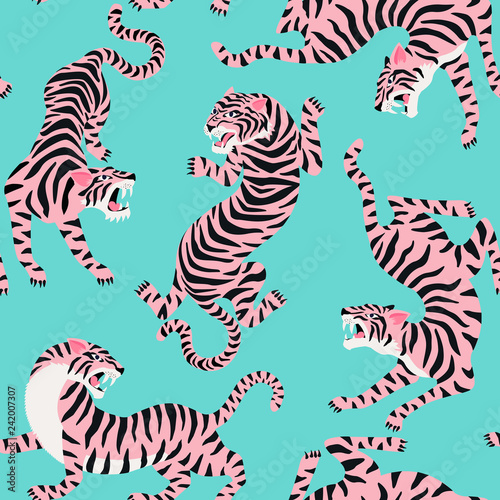 Vector seamless pattern with cute tigers on background. Circus animal show. Fashionable fabric design.