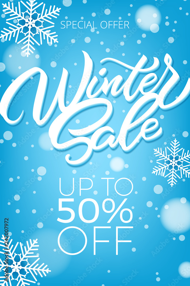 Winter sale poster with snowflakes. A large winter sale poster, advertising, booklet. Vector illustration with isolated design elements