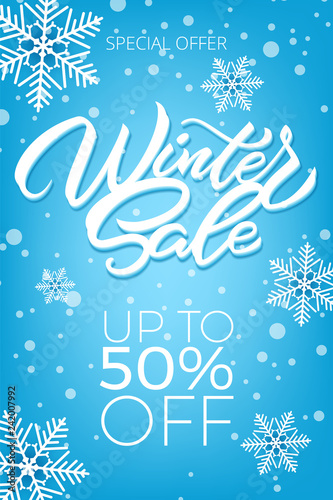 Winter sale poster with snowflakes. A large winter sale poster, advertising, booklet. Vector illustration with isolated design elements