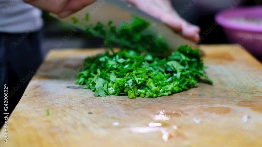 chopping cilantro on cutting board preparing ingredient for cook chopping cilantro on cutting board preparing ingredient for cook