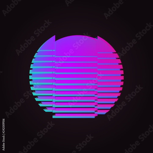 80s glowing neon sun glitch effect.