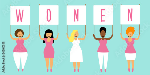 Cute cartoon characters of diverse international and interracial group of happy women