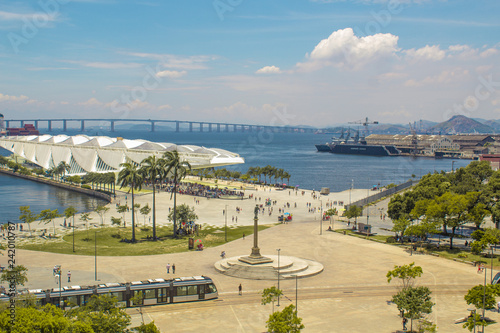 Rio de Janeiro, Brazil - January 02, 2019: View of The Museum of Tomorrow (also known as Museu do Amanhã), from the Rio Musuem of Art (MAR) viewpoint. 