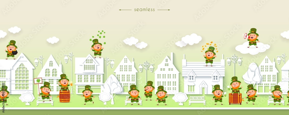 Patricks Day, seamless border, leprechauns, street, white houses paper cut, vector Patricks Day, seamless border, leprechauns, street, white houses paper cut, vector