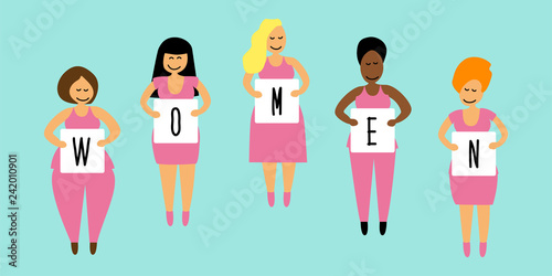 Cute cartoon characters of diverse international and interracial group of happy women