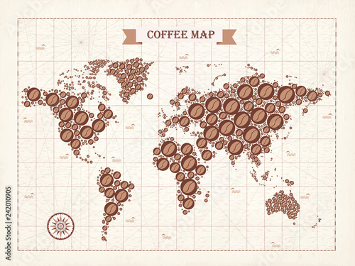Coffee wirld map. Vector. Light background. Coffee break.