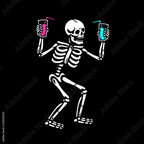 BARTENDER SKELETON WITH COCKTAILS BLACK BACKGROUND