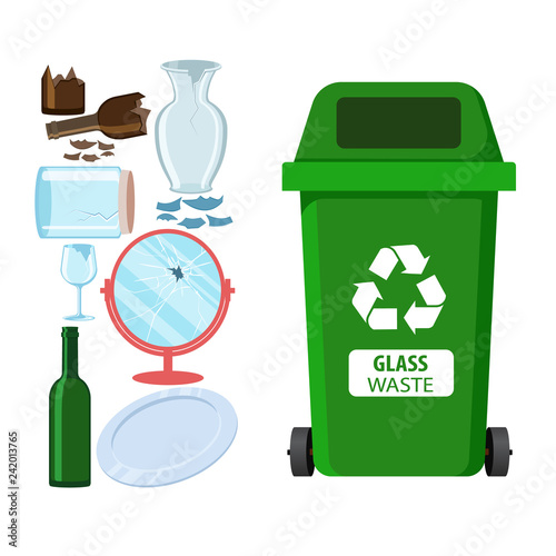 Rubbish bin for recycling different types of waste. Garbage container for glass trash. Vector illustration