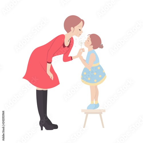 Mother and daughter characters blows dandelion on white background