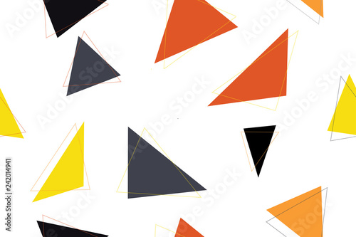 Abstract seamless background pattern made with red, yellow, black and dark grey triangle shapes. Modern, cheerful vector art.